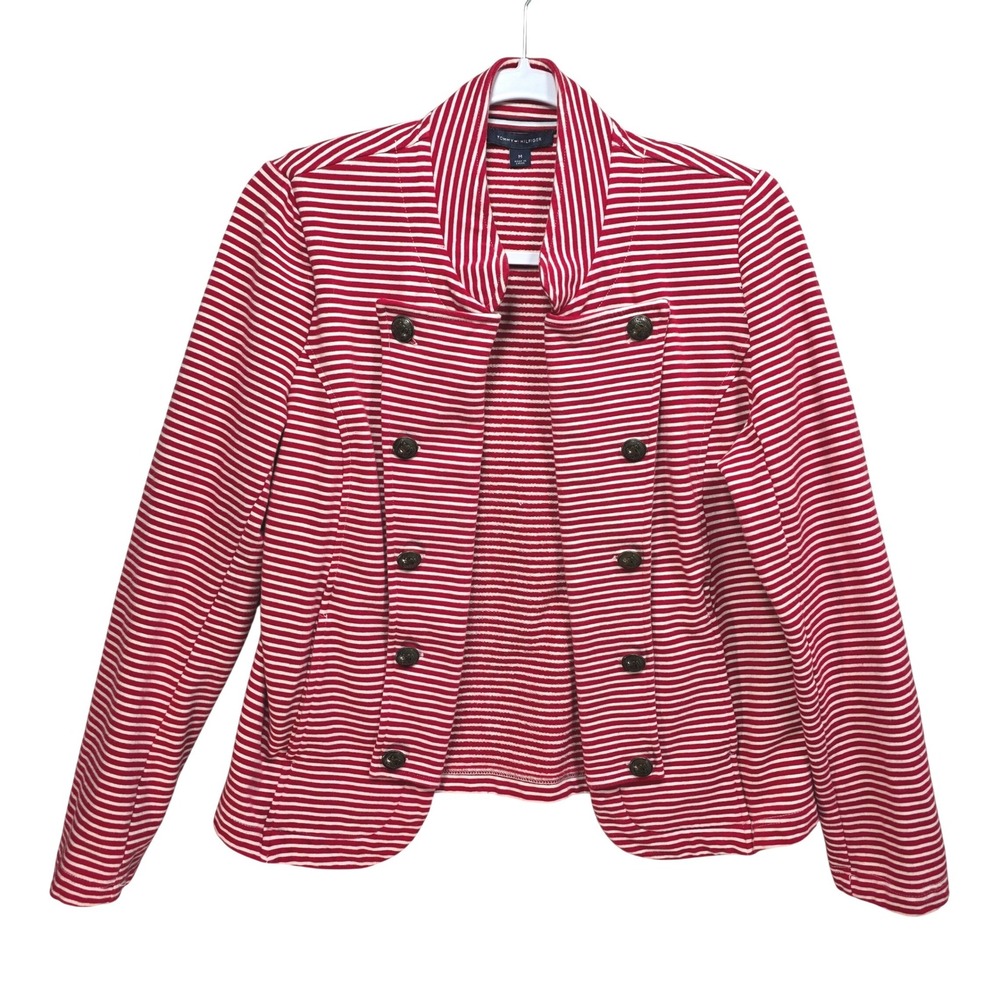 Tommy Hilfiger Blazer Jacket Women M Red White Striped Military Nautical Coastal